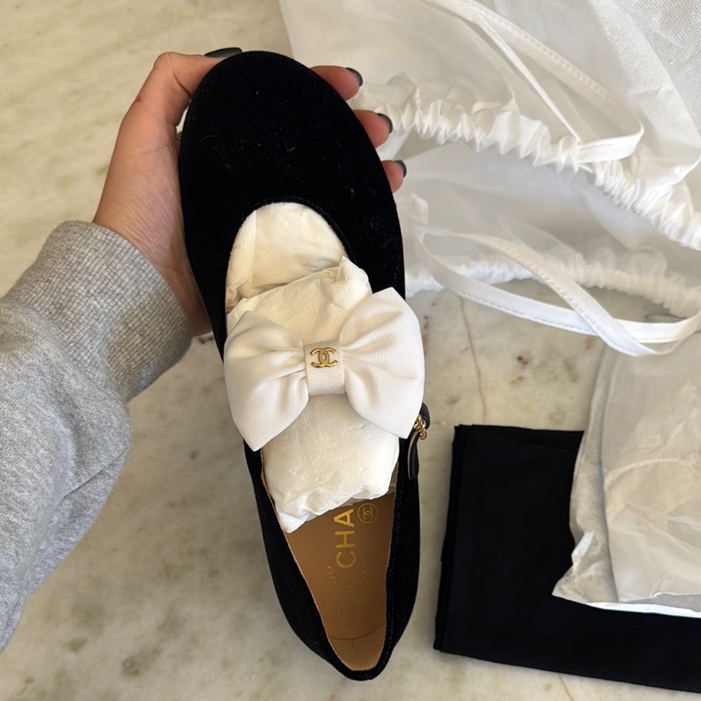 Chanel Women's Black Velvet Loafers with White Bow
